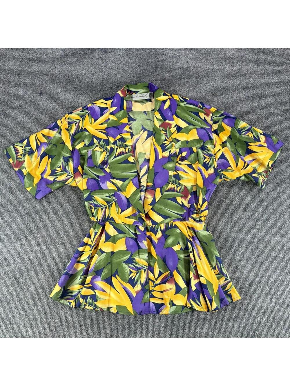 Adrianna Papell 100% Silk Tropical Print Short Sleeve Blouse Sz 4 Floral, Summer